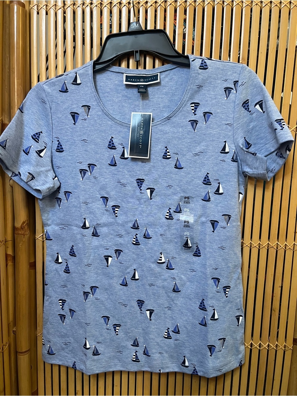 Karen Scott women’s Blue Sailboat Print Crew Neck T-Shirt